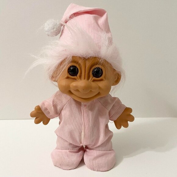 Vtg Russ Bedtime Sleepy Troll Doll Pajamas Pink Stripe Nightcap 8 Inch Tall - Picture 1 of 16